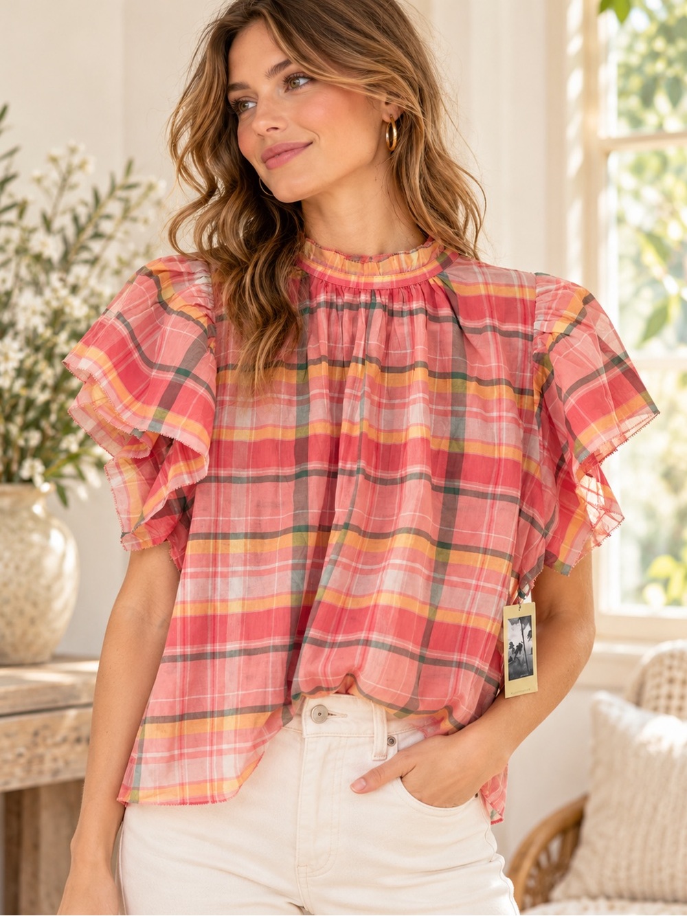 Trovata Pink Plaid Ruffle-Sleeve Blouse